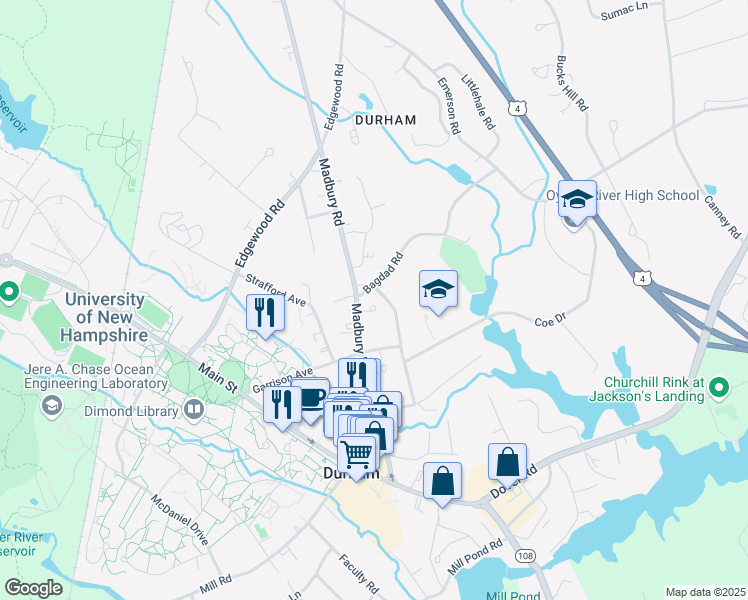 map of restaurants, bars, coffee shops, grocery stores, and more near 38 Madbury Road in Durham