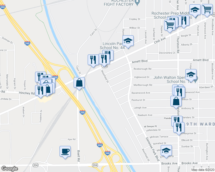 map of restaurants, bars, coffee shops, grocery stores, and more near 99 Westfield Street in Rochester