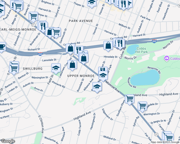 map of restaurants, bars, coffee shops, grocery stores, and more near 1036 Monroe Avenue in Rochester