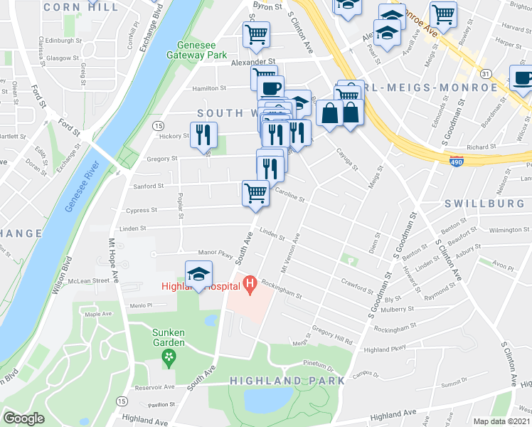 map of restaurants, bars, coffee shops, grocery stores, and more near 791 South Avenue in Rochester