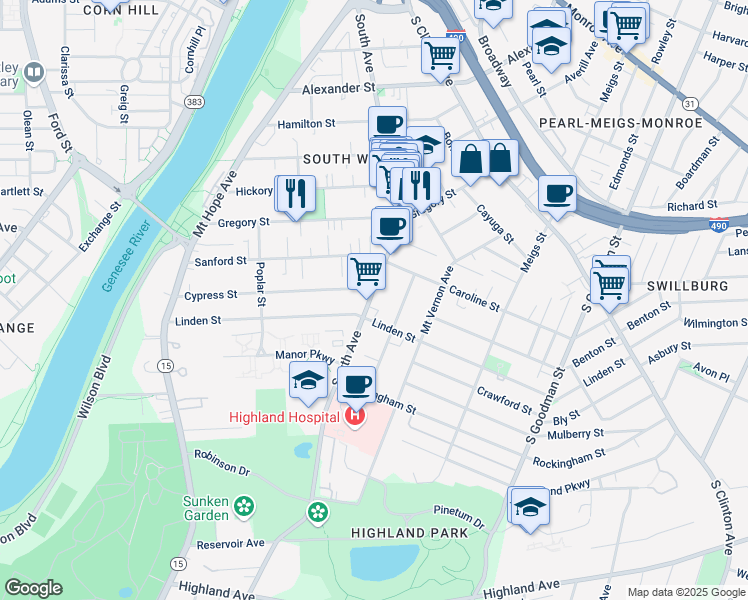 map of restaurants, bars, coffee shops, grocery stores, and more near 791 South Avenue in Rochester