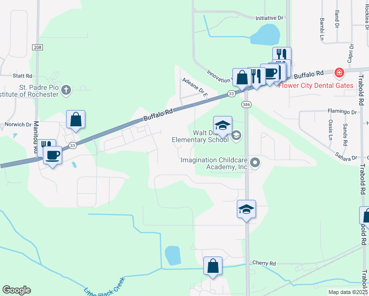 map of restaurants, bars, coffee shops, grocery stores, and more near 110 Dalaker Drive in Rochester