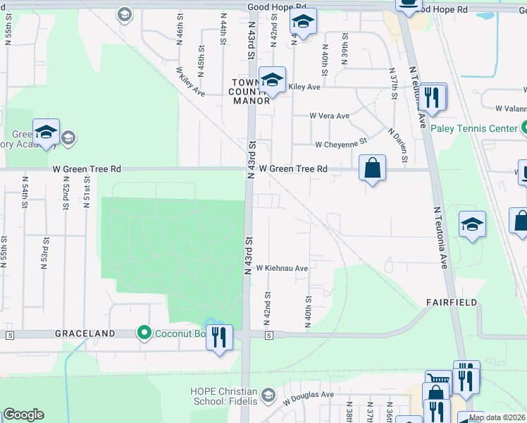 map of restaurants, bars, coffee shops, grocery stores, and more near 6750 North 43rd Street in Milwaukee