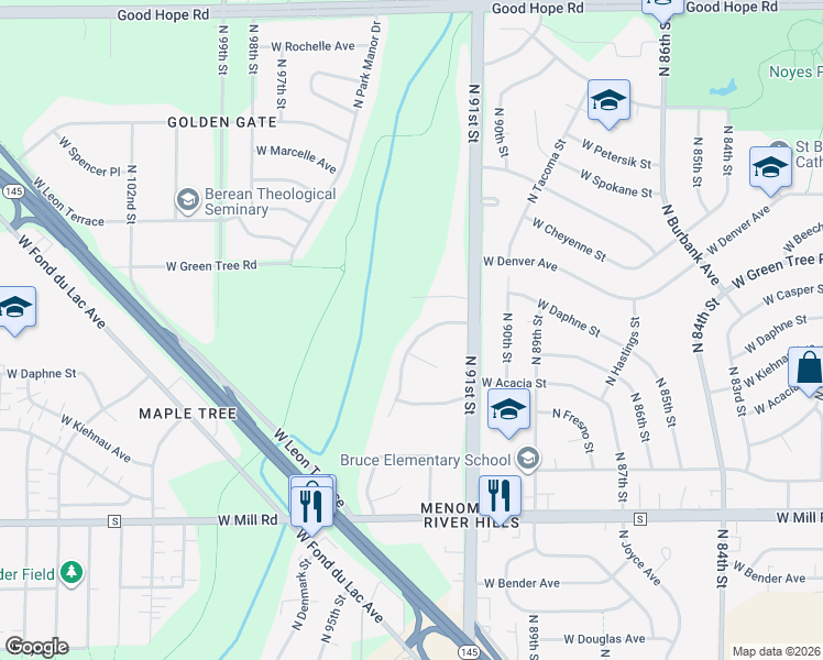 map of restaurants, bars, coffee shops, grocery stores, and more near 6731 North 91st Street in Milwaukee