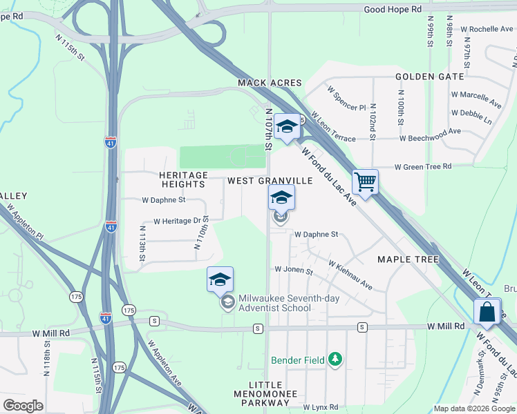 map of restaurants, bars, coffee shops, grocery stores, and more near 6721 North 107th Street in Milwaukee