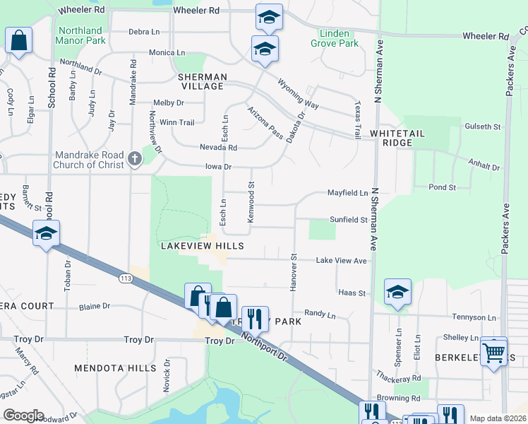 map of restaurants, bars, coffee shops, grocery stores, and more near 1510 Mayfield Lane in Madison
