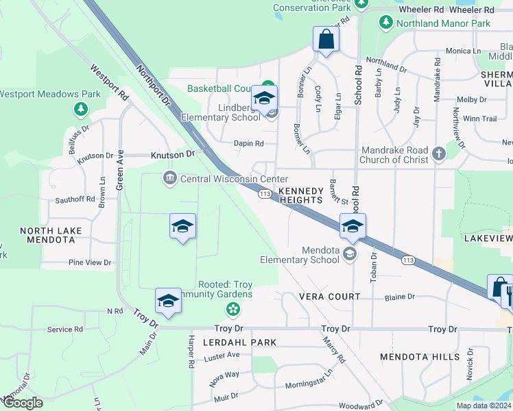 map of restaurants, bars, coffee shops, grocery stores, and more near 505 Northport Drive in Madison