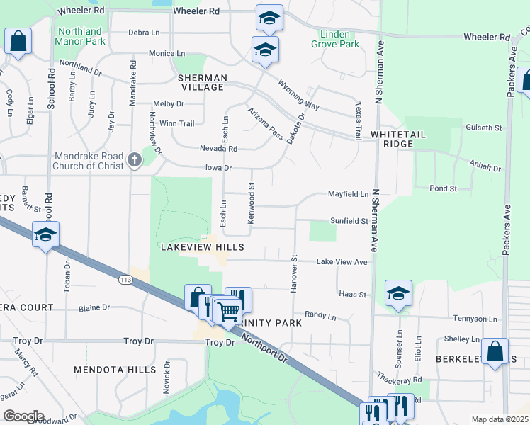 map of restaurants, bars, coffee shops, grocery stores, and more near 1510 Mayfield Lane in Madison