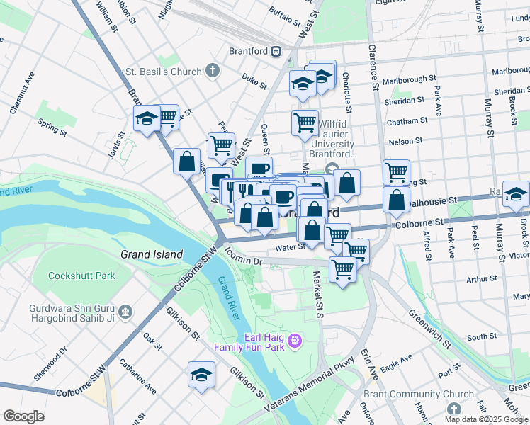 map of restaurants, bars, coffee shops, grocery stores, and more near in Brantford