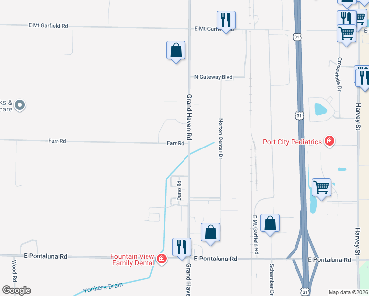 map of restaurants, bars, coffee shops, grocery stores, and more near 985 Farr Road in Norton Shores