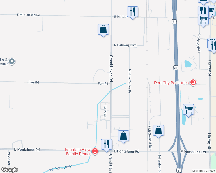 map of restaurants, bars, coffee shops, grocery stores, and more near 985 Farr Road in Norton Shores
