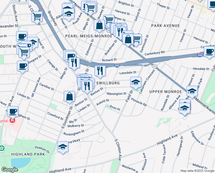 map of restaurants, bars, coffee shops, grocery stores, and more near 124 Henrietta Street in Rochester