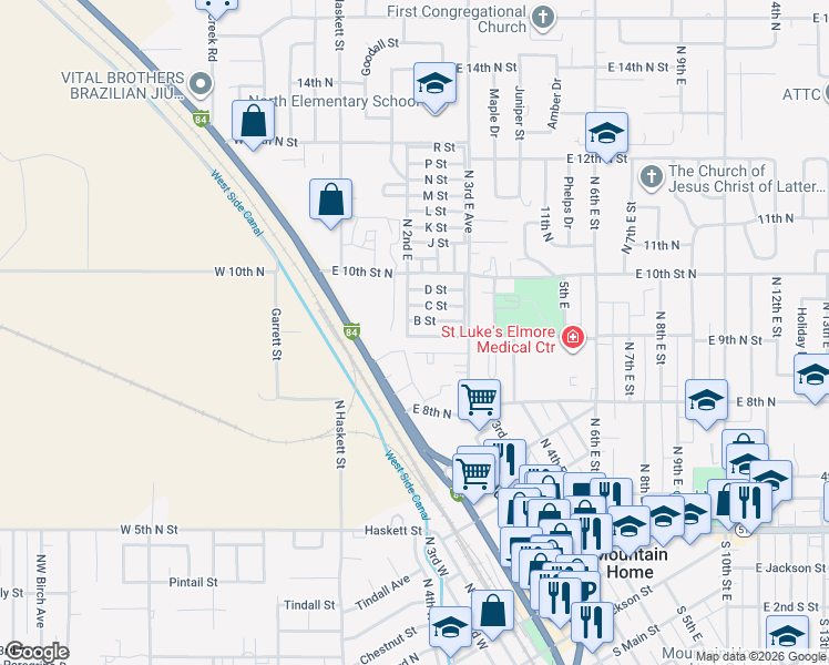 map of restaurants, bars, coffee shops, grocery stores, and more near 156B B Street in Mountain Home