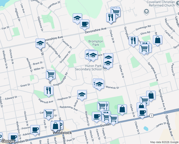 map of restaurants, bars, coffee shops, grocery stores, and more near 213 Belgrave Street in Woodstock