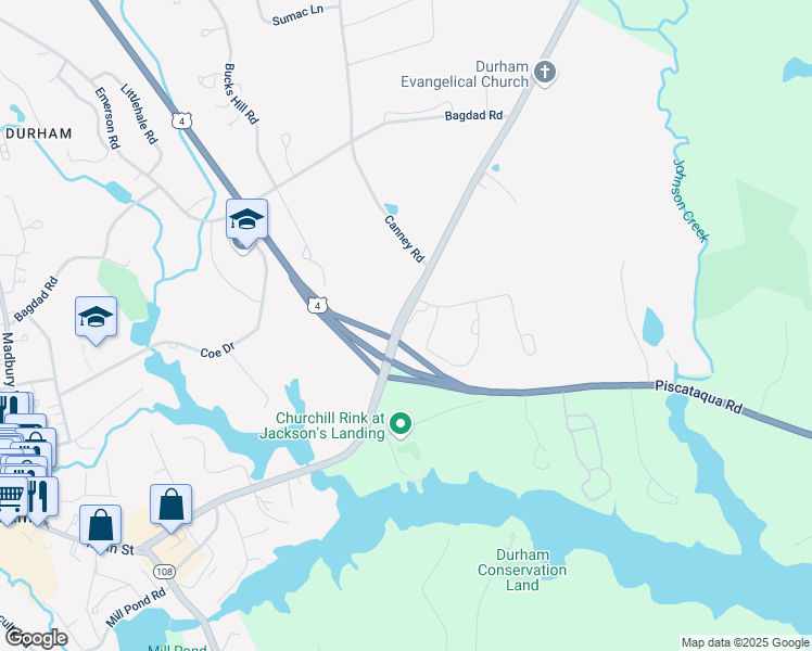 map of restaurants, bars, coffee shops, grocery stores, and more near 58 Dover Road in Durham