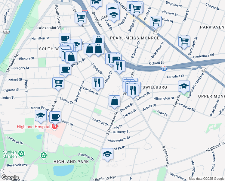 map of restaurants, bars, coffee shops, grocery stores, and more near 5 Diem Street in Rochester