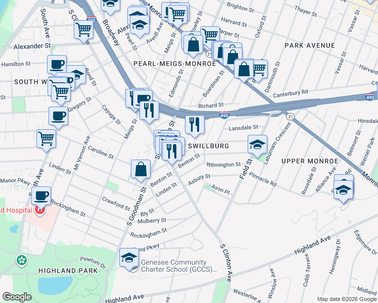 map of restaurants, bars, coffee shops, grocery stores, and more near 76 Henrietta Street in Rochester