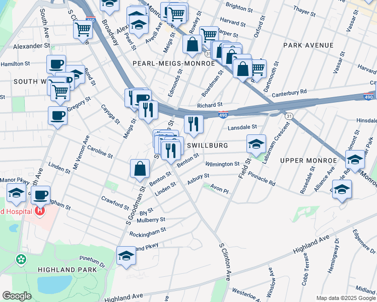 map of restaurants, bars, coffee shops, grocery stores, and more near 549 Caroline Street in Rochester