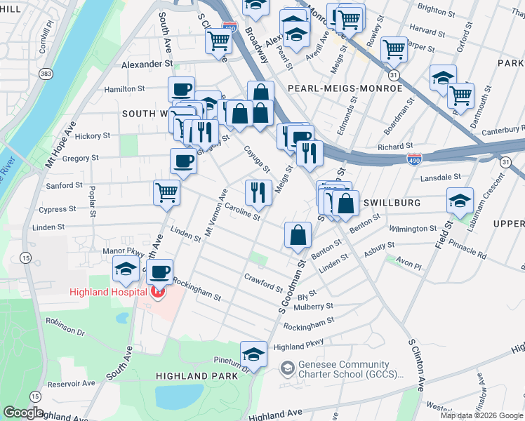 map of restaurants, bars, coffee shops, grocery stores, and more near 745 Meigs Street in Rochester