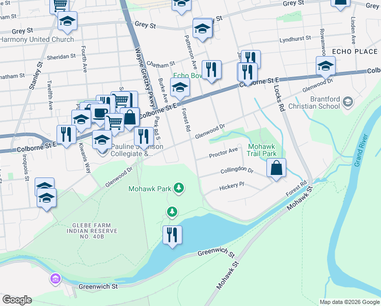 map of restaurants, bars, coffee shops, grocery stores, and more near 32 Forest Road in Brantford