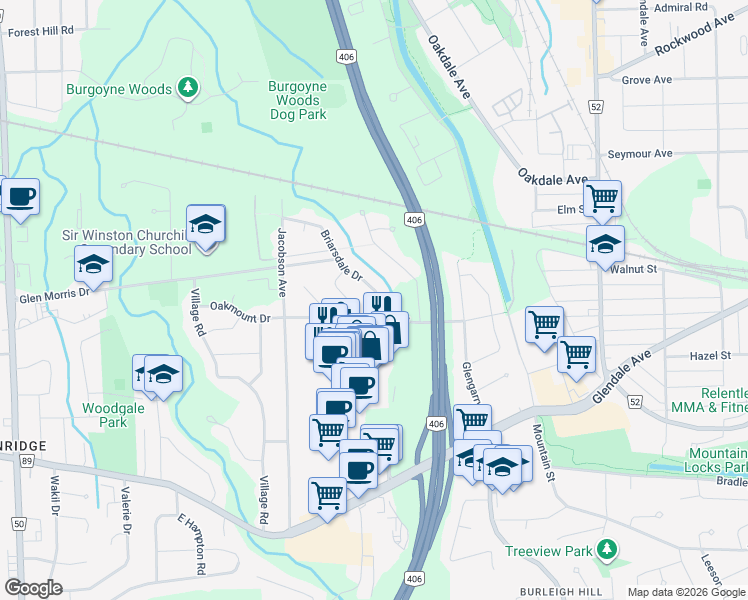 map of restaurants, bars, coffee shops, grocery stores, and more near 3 Briarsdale Drive in St. Catharines