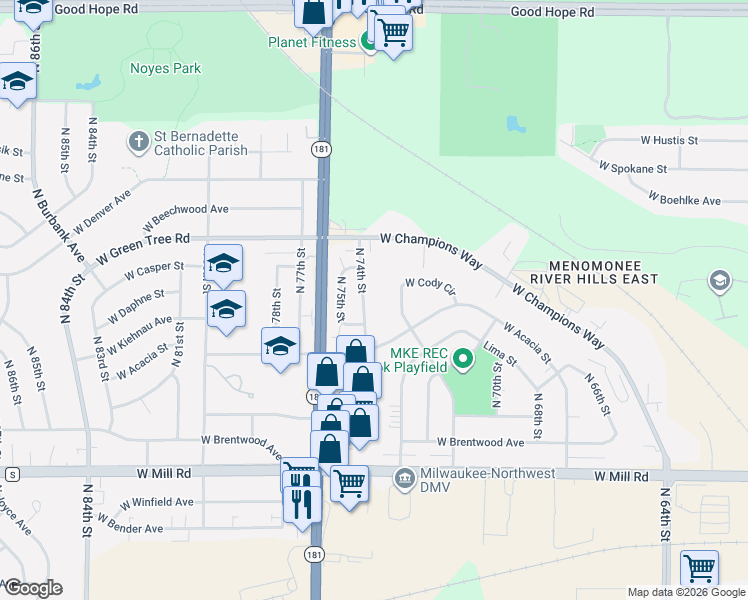 map of restaurants, bars, coffee shops, grocery stores, and more near 6714 North 74th Street in Milwaukee