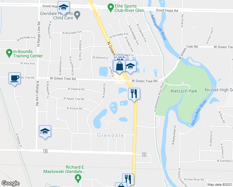 map of restaurants, bars, coffee shops, grocery stores, and more near 6751 North Green Bay Avenue in Glendale