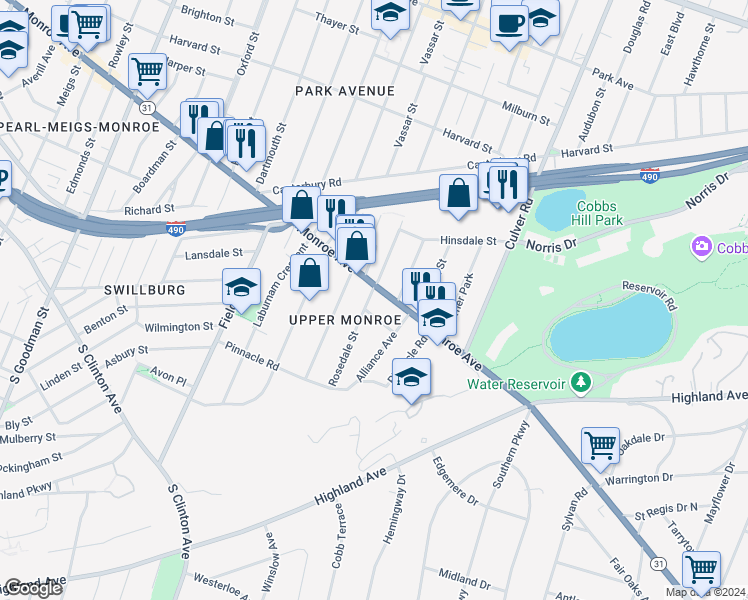 map of restaurants, bars, coffee shops, grocery stores, and more near 1036 Monroe Avenue in Rochester