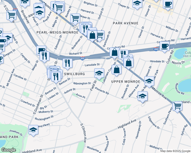 map of restaurants, bars, coffee shops, grocery stores, and more near 231 Henrietta Street in Rochester