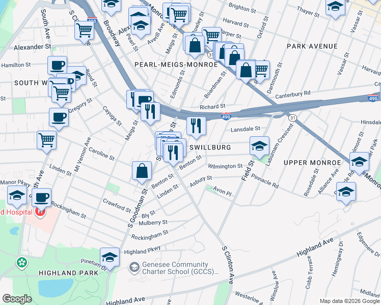 map of restaurants, bars, coffee shops, grocery stores, and more near 76 Henrietta Street in Rochester