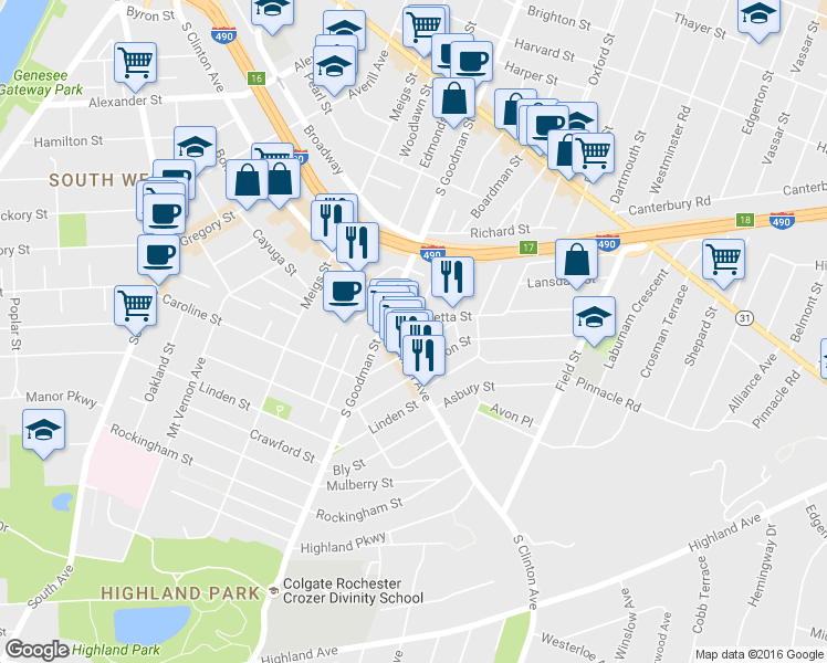 map of restaurants, bars, coffee shops, grocery stores, and more near 30 Henrietta Street in Rochester