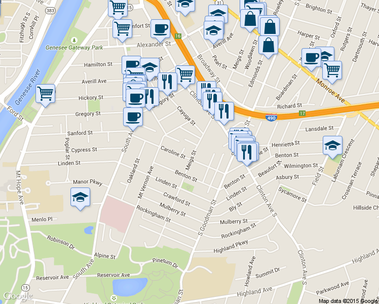 map of restaurants, bars, coffee shops, grocery stores, and more near 745 Meigs Street in Rochester
