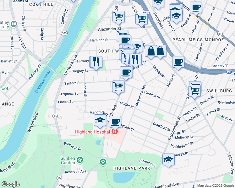 map of restaurants, bars, coffee shops, grocery stores, and more near 791 South Avenue in Rochester