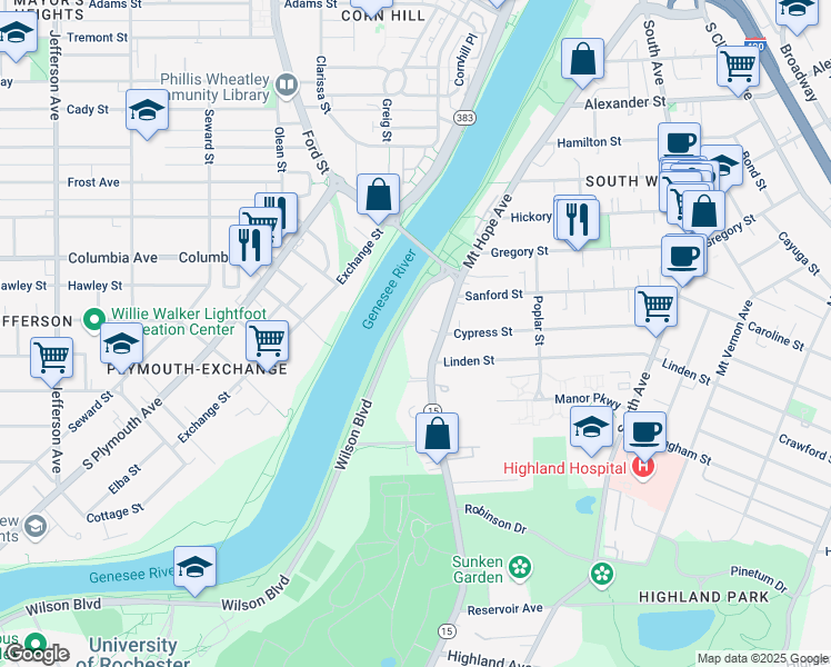 map of restaurants, bars, coffee shops, grocery stores, and more near in Rochester