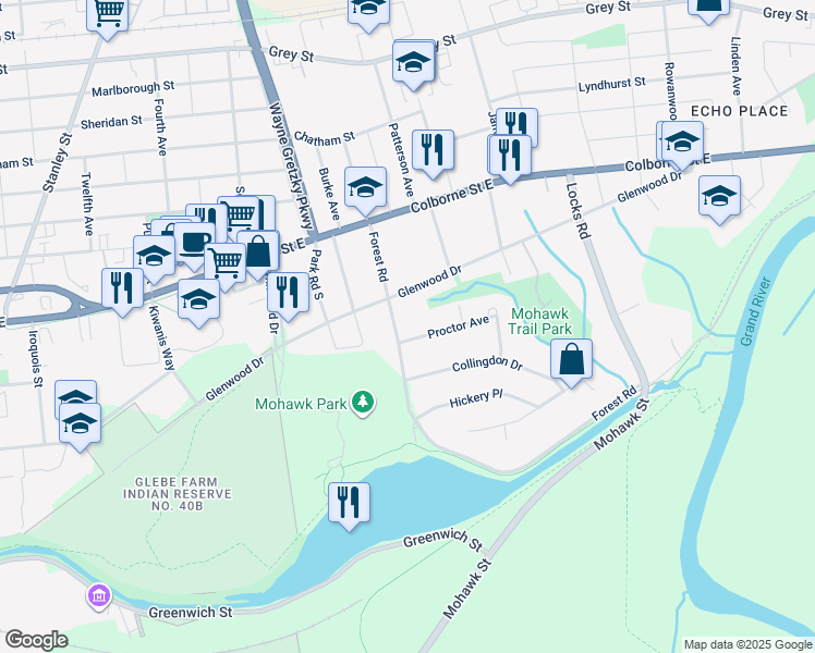 map of restaurants, bars, coffee shops, grocery stores, and more near 57 Glenwood Drive in Brantford