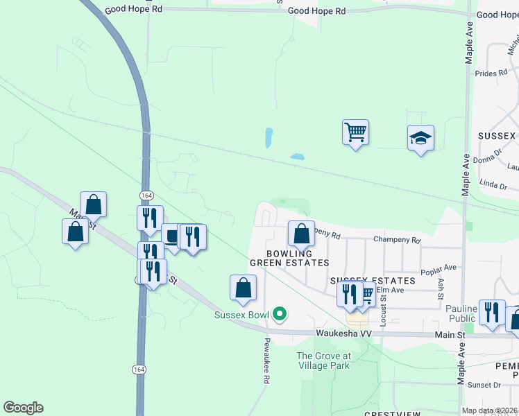 map of restaurants, bars, coffee shops, grocery stores, and more near W246N6704 Champeny Road in Sussex