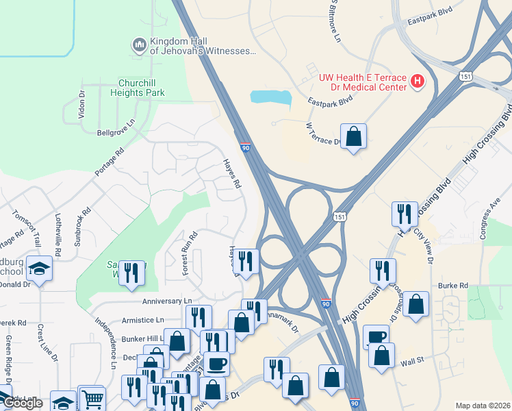 map of restaurants, bars, coffee shops, grocery stores, and more near 4749 Hayes Road in Madison