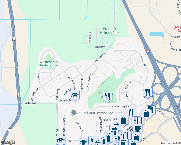map of restaurants, bars, coffee shops, grocery stores, and more near 3607 Portage Road in Madison