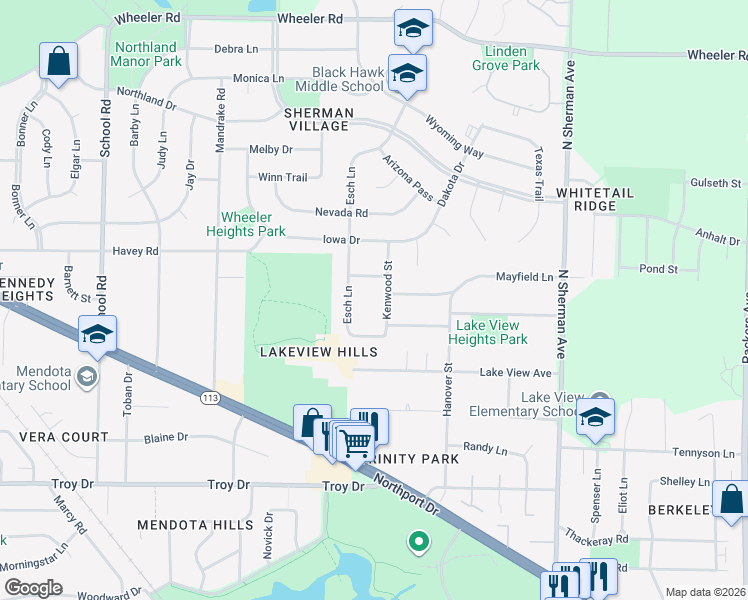 map of restaurants, bars, coffee shops, grocery stores, and more near 1409 Mayfield Lane in Madison