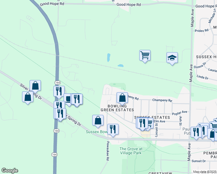 map of restaurants, bars, coffee shops, grocery stores, and more near W246N6704 Champeny Road in Sussex