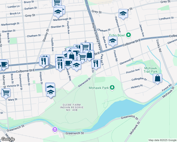 map of restaurants, bars, coffee shops, grocery stores, and more near 23 Lynnwood Drive in Brantford