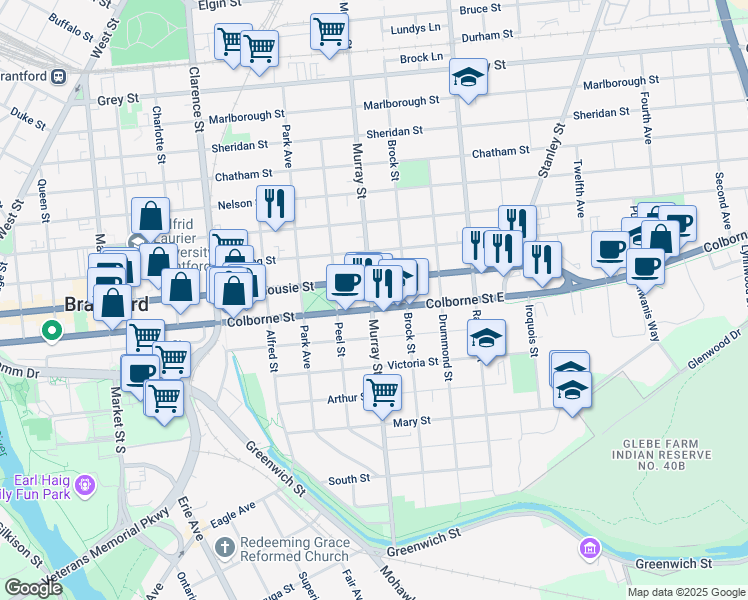 map of restaurants, bars, coffee shops, grocery stores, and more near 143 Murray Street in Brantford
