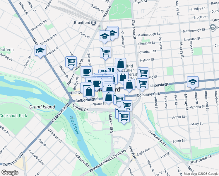 map of restaurants, bars, coffee shops, grocery stores, and more near in Brantford