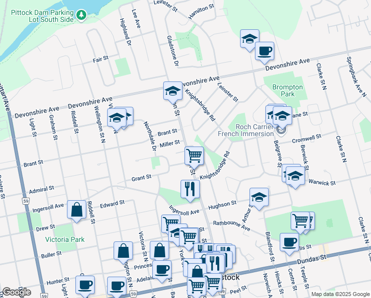 map of restaurants, bars, coffee shops, grocery stores, and more near 699 Elizabeth Street in Woodstock