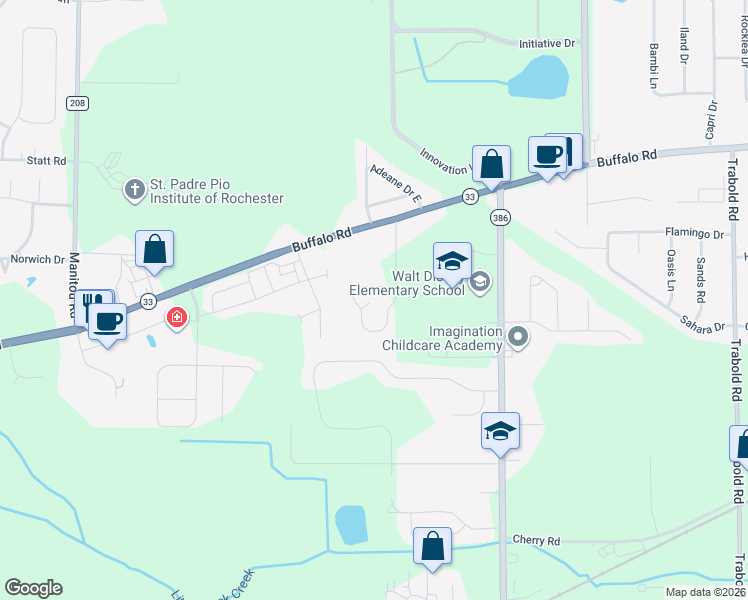 map of restaurants, bars, coffee shops, grocery stores, and more near 110 Dalaker Drive in Rochester