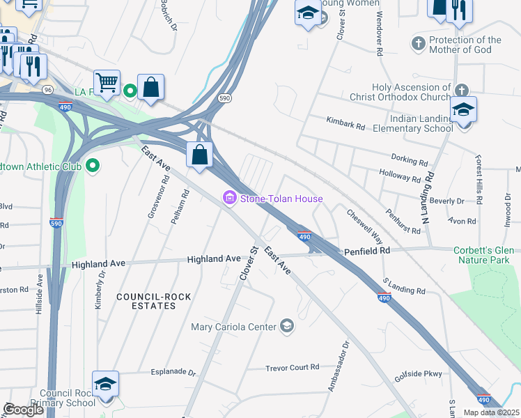 map of restaurants, bars, coffee shops, grocery stores, and more near 2416 East Avenue in Rochester