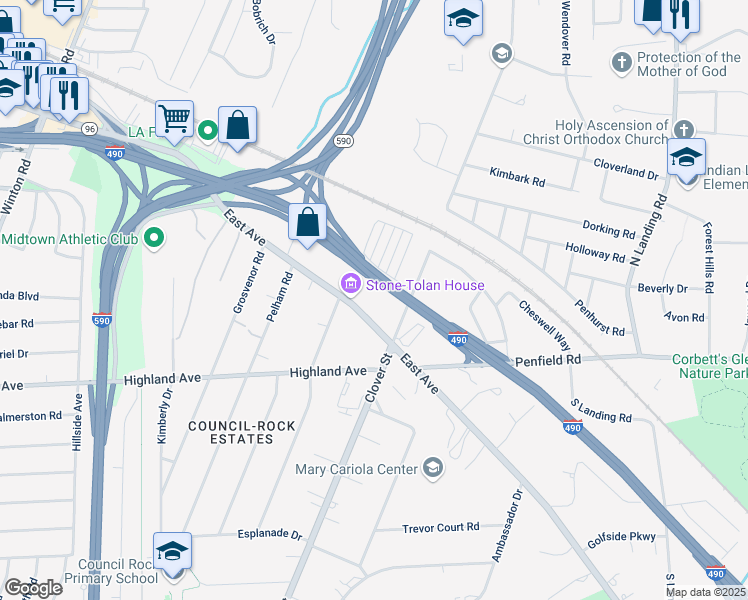 map of restaurants, bars, coffee shops, grocery stores, and more near 2416 East Avenue in Rochester