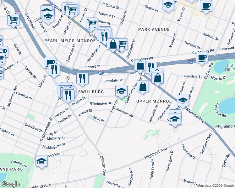 map of restaurants, bars, coffee shops, grocery stores, and more near 231 Henrietta Street in Rochester