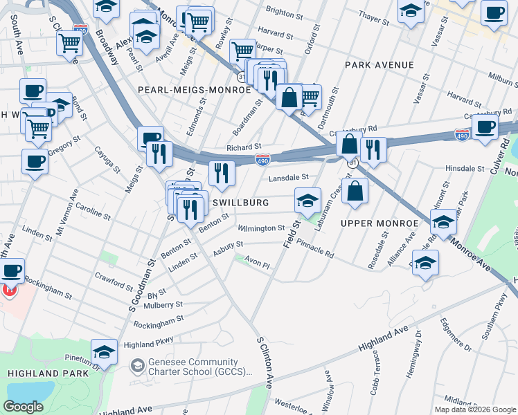 map of restaurants, bars, coffee shops, grocery stores, and more near 179 Henrietta Street in Rochester