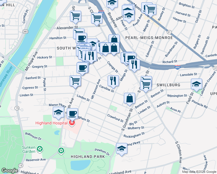 map of restaurants, bars, coffee shops, grocery stores, and more near 45 Washburn Park in Rochester